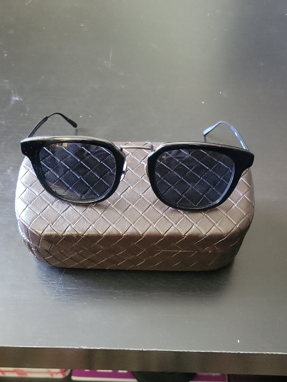 Bottega Veneta, Made In Italy, Sunglasses with Textured Brown Case.